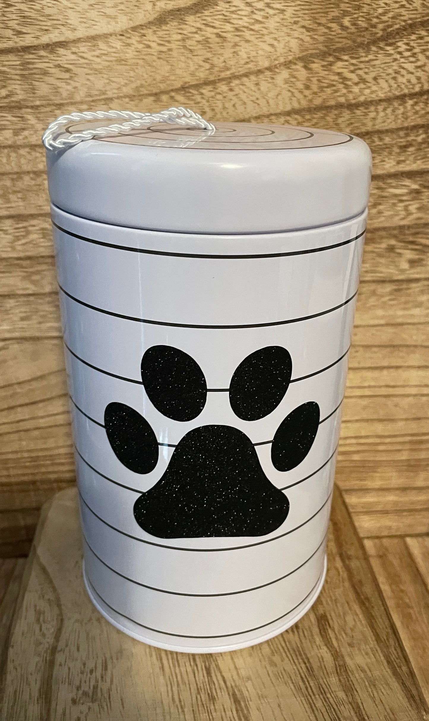 White with Black Stripe Dog Treat Jar with Black Shimmer Paw Print