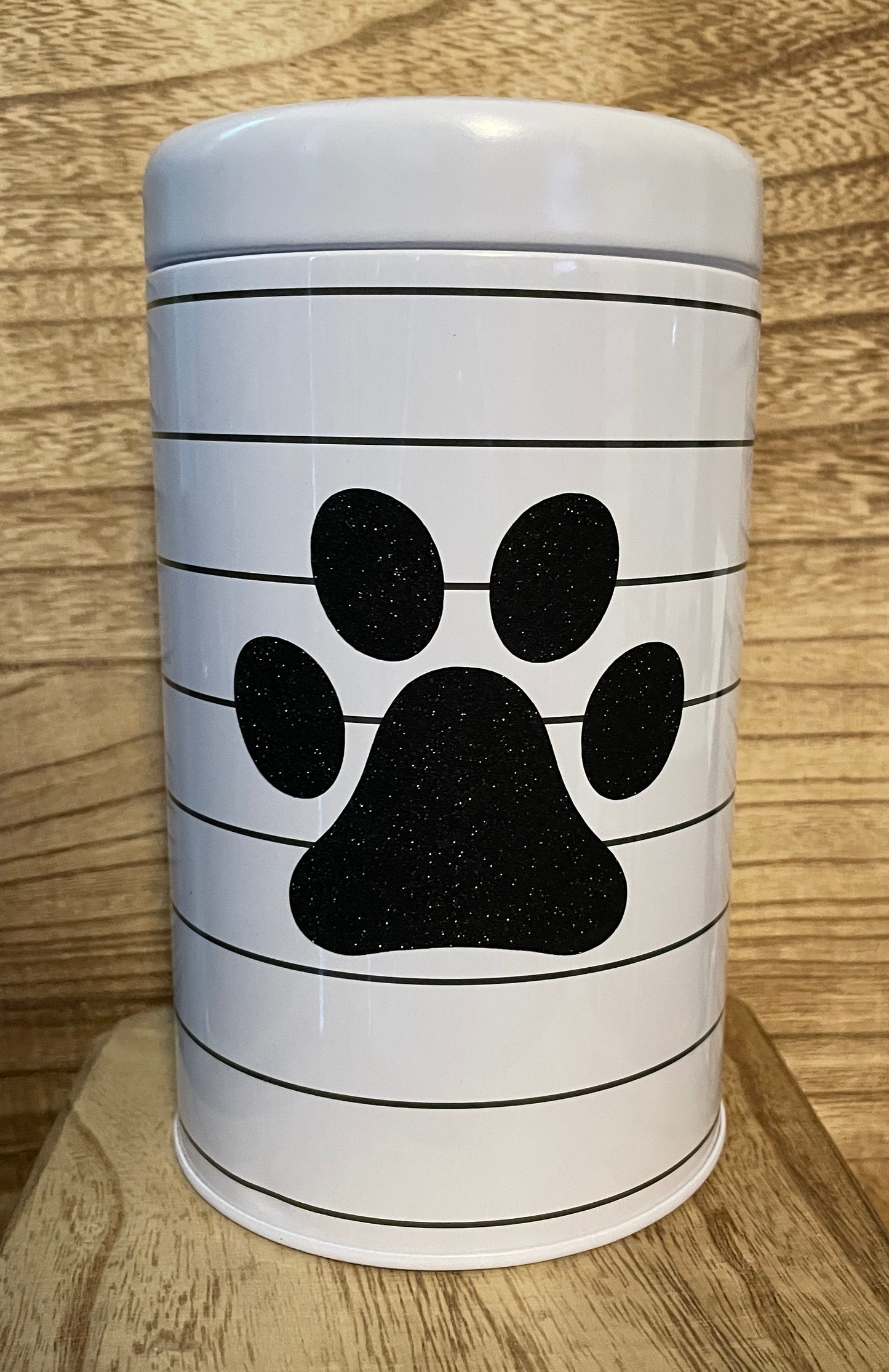 White with Black Stripe Dog Treat Jar with Black Shimmer Paw Print