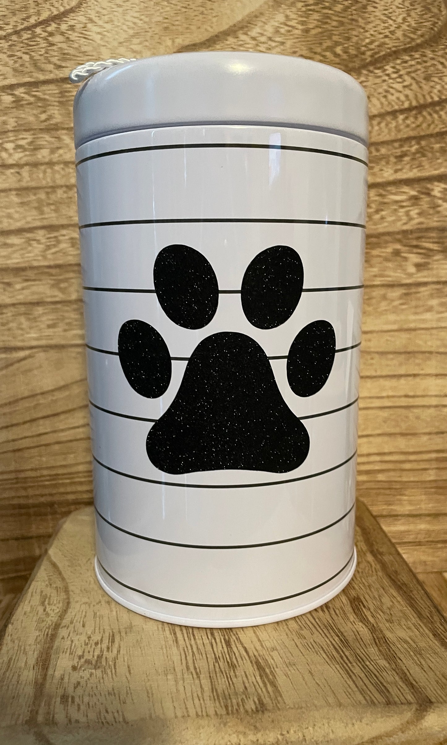 White with Black Stripe Dog Treat Jar with Black Shimmer Paw Print